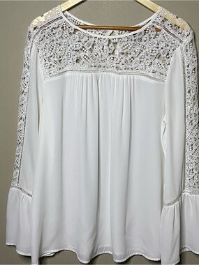 Como Vintage Intricate Crochet Bell Sleeve Blouse Women XL White Pullover Boho
